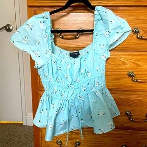 kate spade Blue and White Puff Sleeve Peplum Blouse